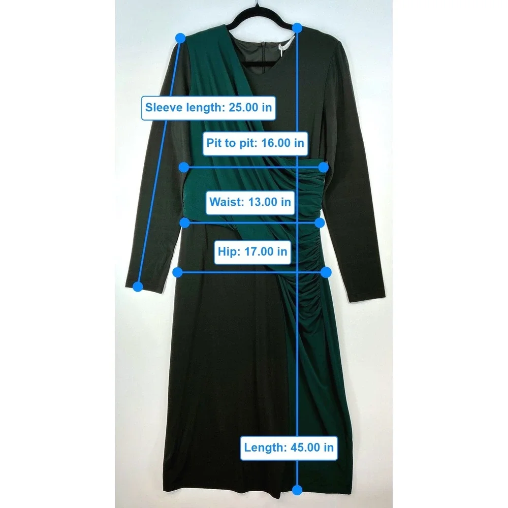 Hugo Boss Eretha Black Green Colorblock Dress Sz XL Ruched Long Sleeve Cocktail - Picture 7 of 14